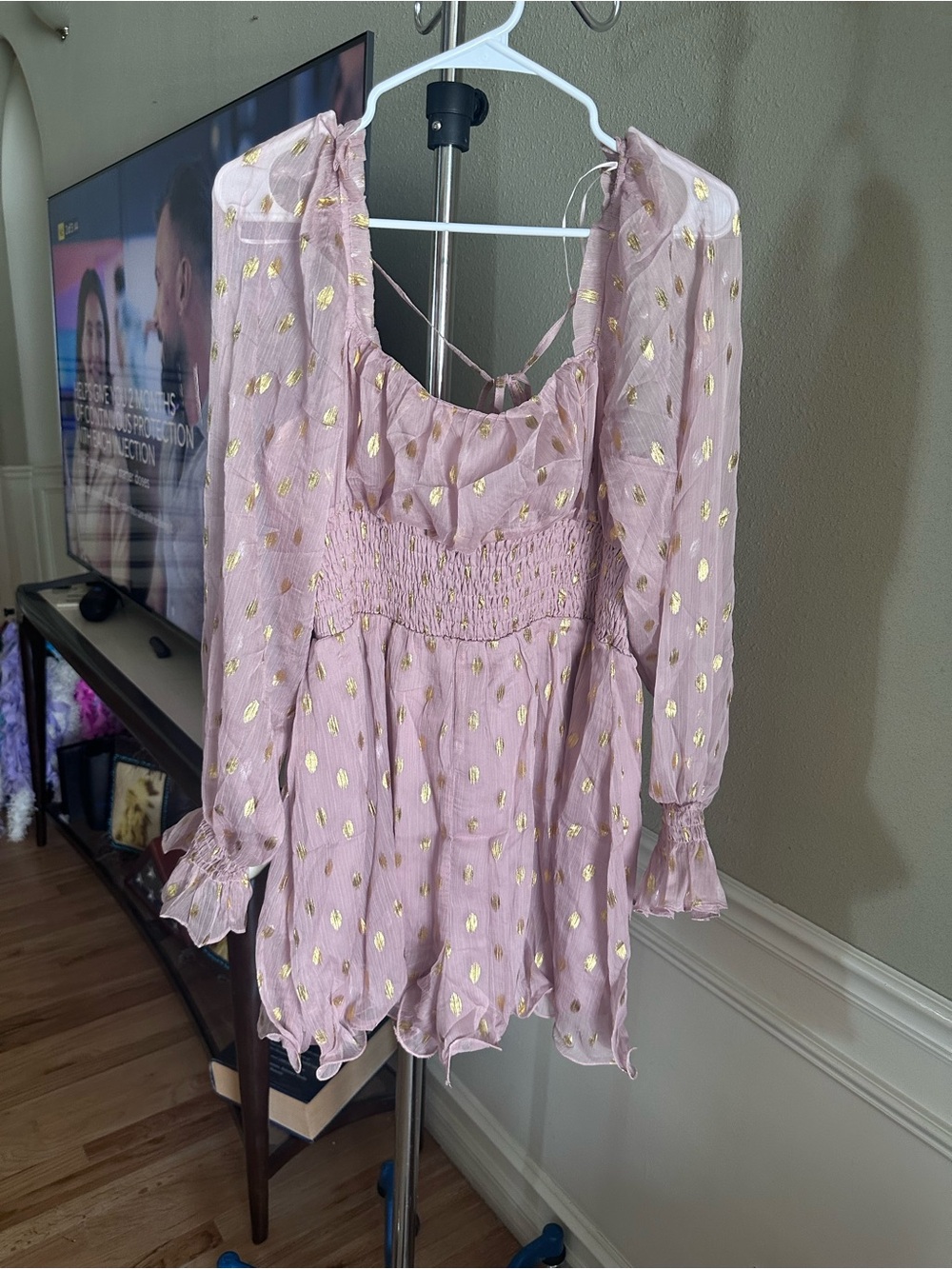 Endless Rose Pink Long-Sleeve Smocked Waist Blouse with Gold Foil Accents
